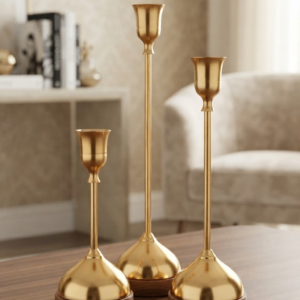 Modern Gold Metal and Wood Candlestick Set