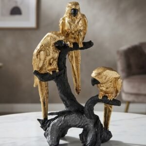 Gold Trio Parrots on Black Branch Decorative Sculpture
