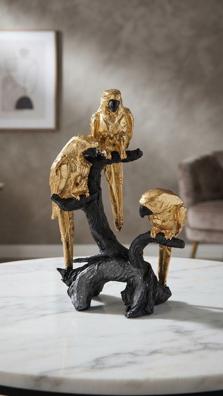 Gold Trio Parrots on Black Branch Decorative Sculpture