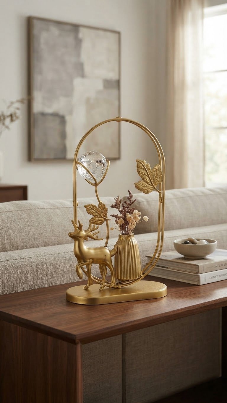 Gold Oval Frame Table Decor with Deer, Crystal Ball, and Mini Vase