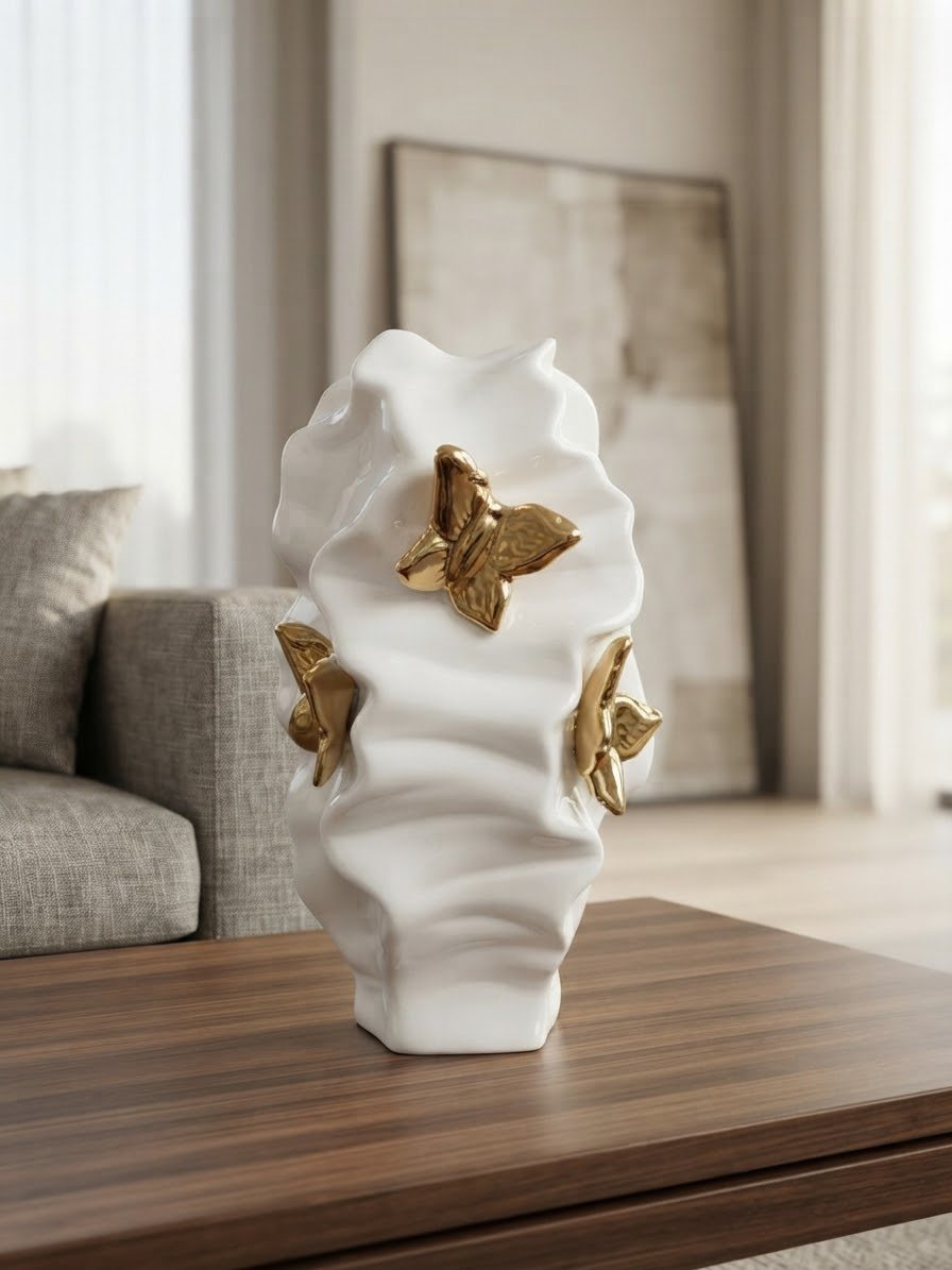 White and Gold Ceramic Butterfly Decorative Vase