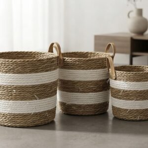Set of 3 Striped Woven Rope Storage Baskets