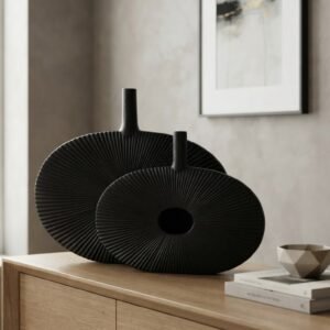 Black Ribbed Oval Donut Vase Set