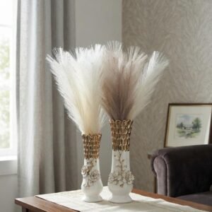 Elegant White and Gold Ceramic Vase Set with Plumes