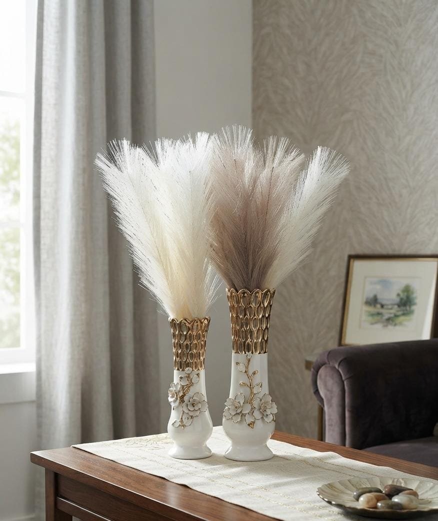 Elegant White and Gold Ceramic Vase Set with Plumes