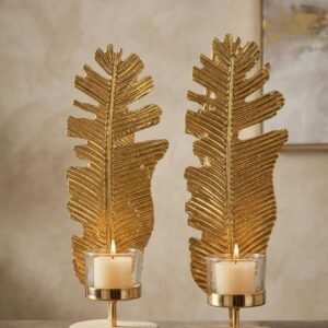 Golden Leaf Pillar Candle Holders (Set of 2)