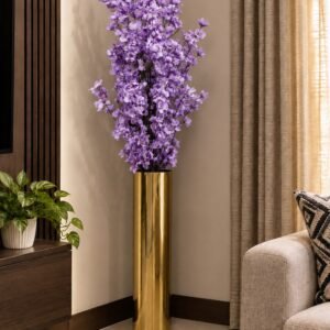 Golden Tall Cylinder Vase with Purple Blossom Arrangement