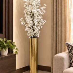 Golden Tall Cylinder Vase with White Blossom Arrangement