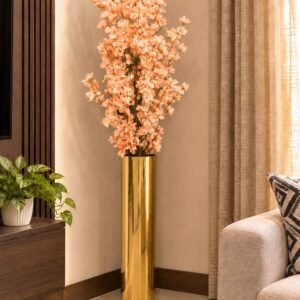 Golden Tall Cylinder Vase with Peach Blossom Arrangement