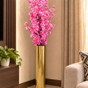 Golden Tall Cylinder Vase with Pink Cherry Blossom Arrangement