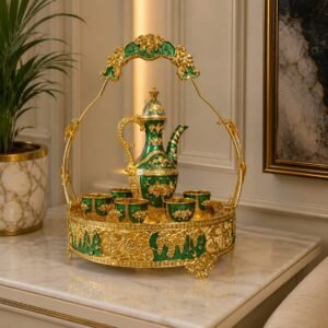 Royal Green and Gold Teapot and Cup Set with Arch Basket Tray