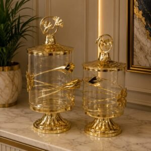 Modern Gold Calla Lily Pedestal Storage Jar Set
