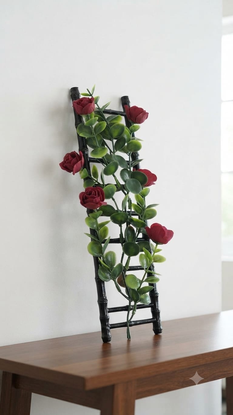 Decorative Ladder with Faux Red Rose Vine