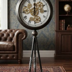 Industrial Exposed Gear Tripod Floor Clock