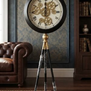 Black and Gold Pocket-Style Exposed Gear Tripod Floor Clock