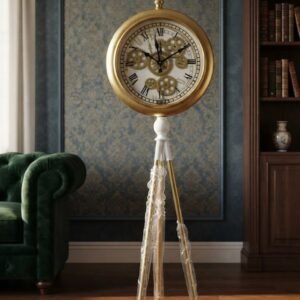 Golden Pocket-Style Exposed Gear Tripod Floor Clock