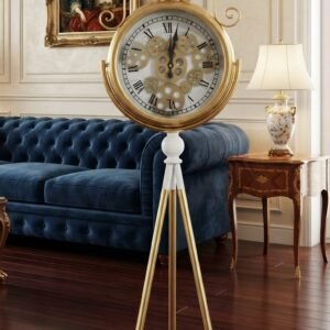 Golden Scroll-Top Exposed Gear Tripod Floor Clock