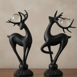 Black Deer Figurine Set with Crystal Orbs (2-Piece)