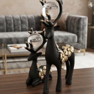 Black and Gold Deer Figurine Set with Crystal Orbs (2-Piece)