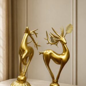 Golden Deer Figurine Set with Leaf Antler Accents (2-Piece)