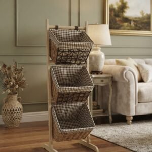 3-Tier Wooden Standing Storage Rack with Gingham Baskets