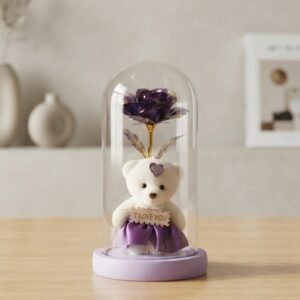 Purple Foil Rose & Teddy Bear Glass Dome