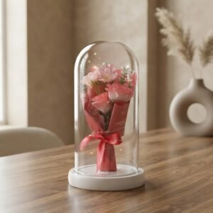 Luminous Pink Rose Bouquet Glass Dome