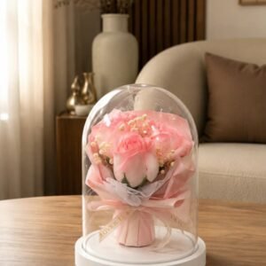 Enchanted Pink Rose Bouquet Glass Dome