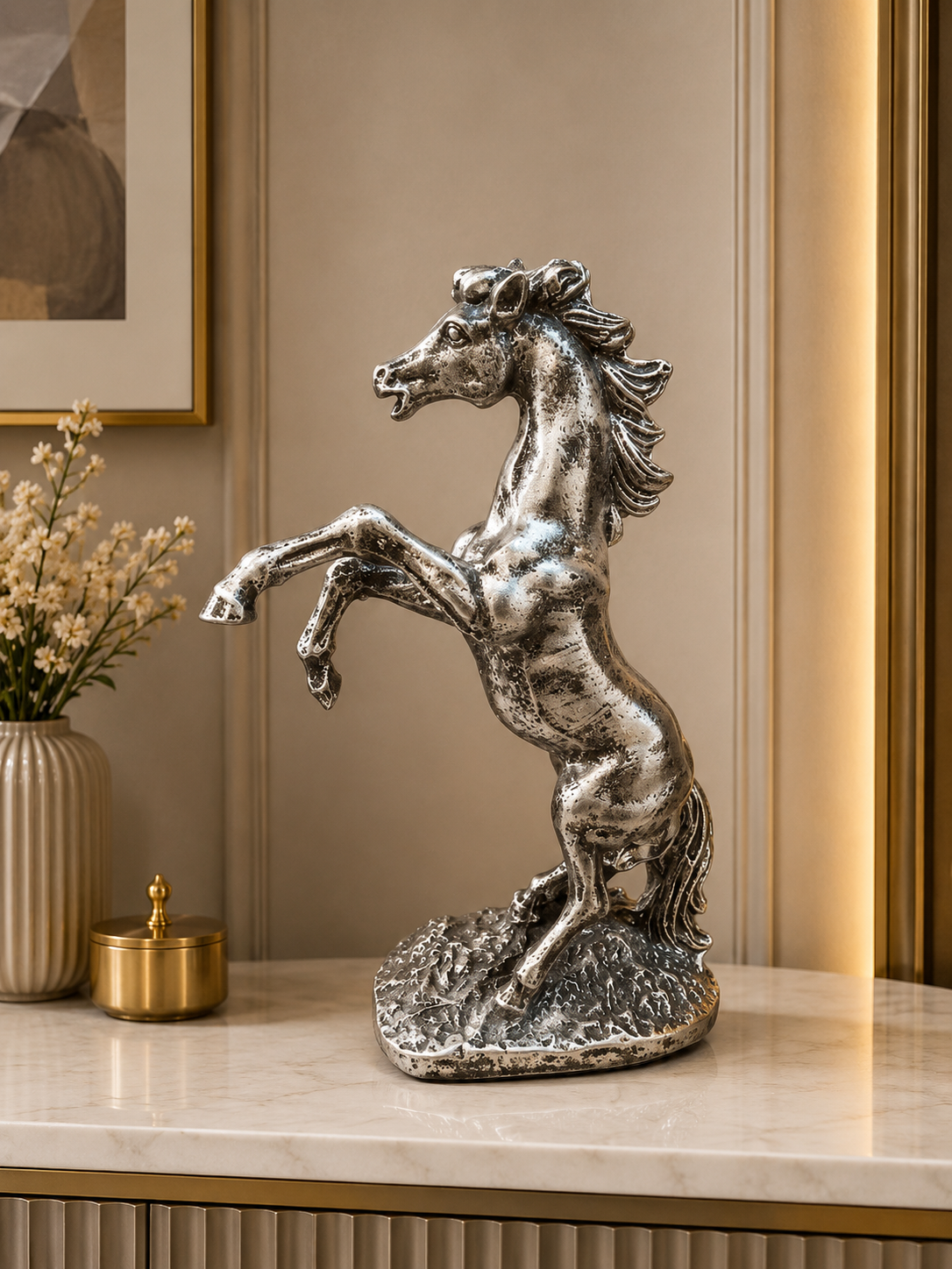Distressed Silver Rearing Horse Sculpture