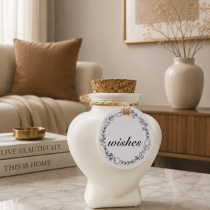 Matte White Heart-Shaped "Wishes" Glass Jar Decor