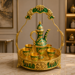 Royal Emerald & Gold Teapot and Cups Set with Arch Stand