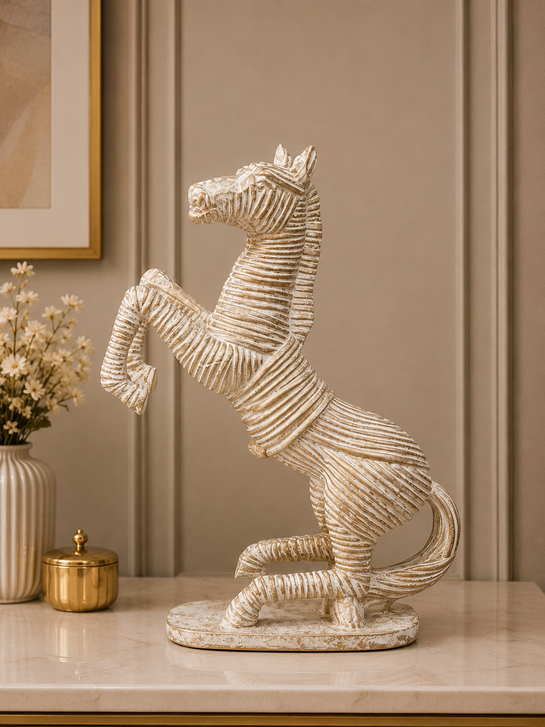 Distressed Gold & White Rearing Zebra Sculpture