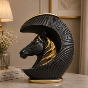 Black and Gold Crescent Horse Sculpture