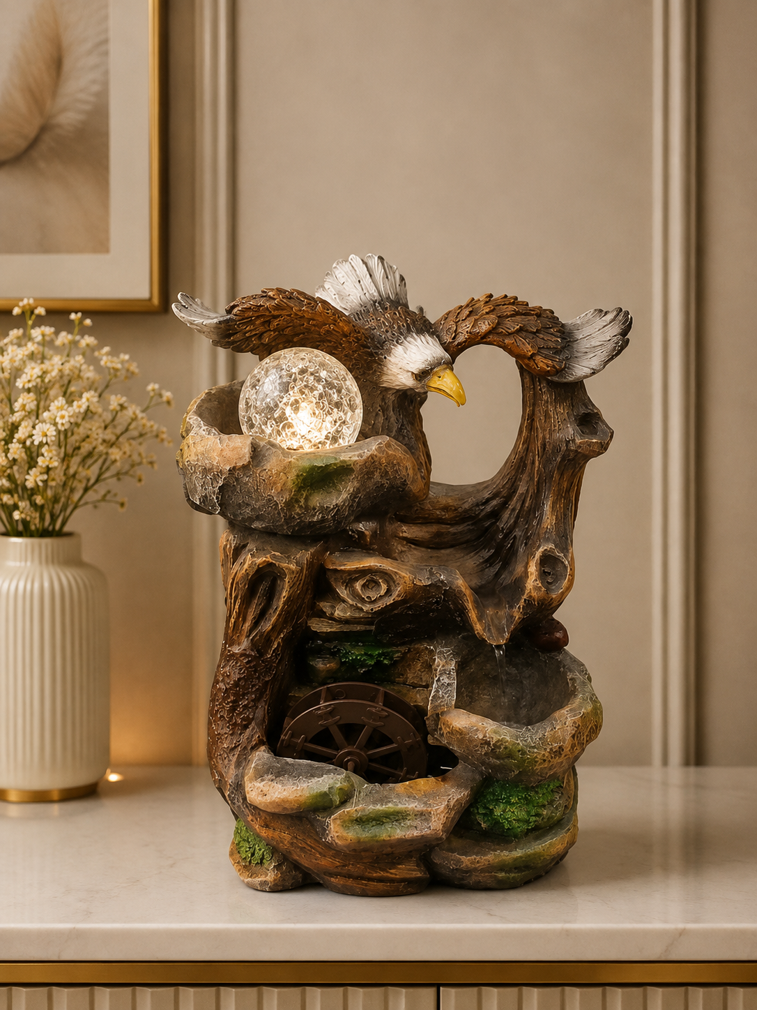 Majestic Eagle & Water Wheel Illuminated Tabletop Fountain