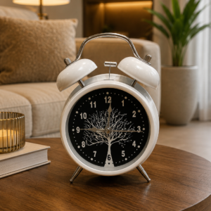 White Tree-Dial Twin-Bell Alarm Clock
