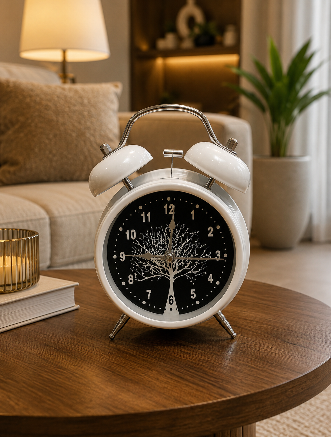 White Tree-Dial Twin-Bell Alarm Clock