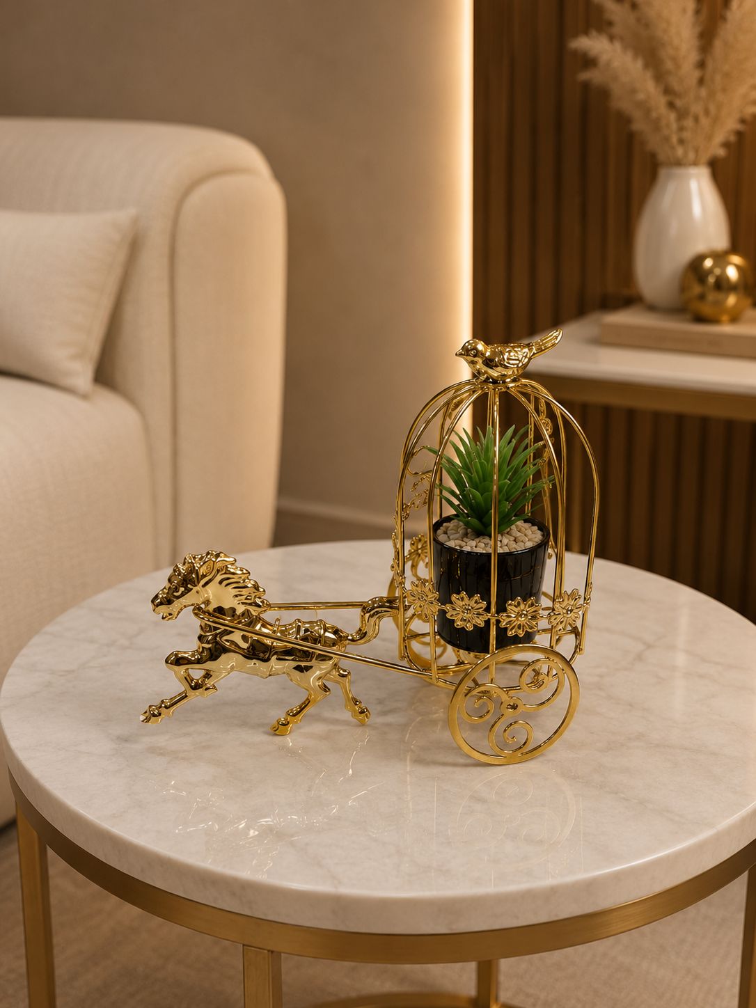 Golden Carriage-Pulled Horse Planter Tabletop Decor