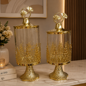 Modern Gold Ginkgo Leaf Pedestal Storage Jar Set