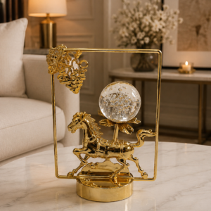 Golden Rectangular Prancing Horse Crystal Sphere Decor