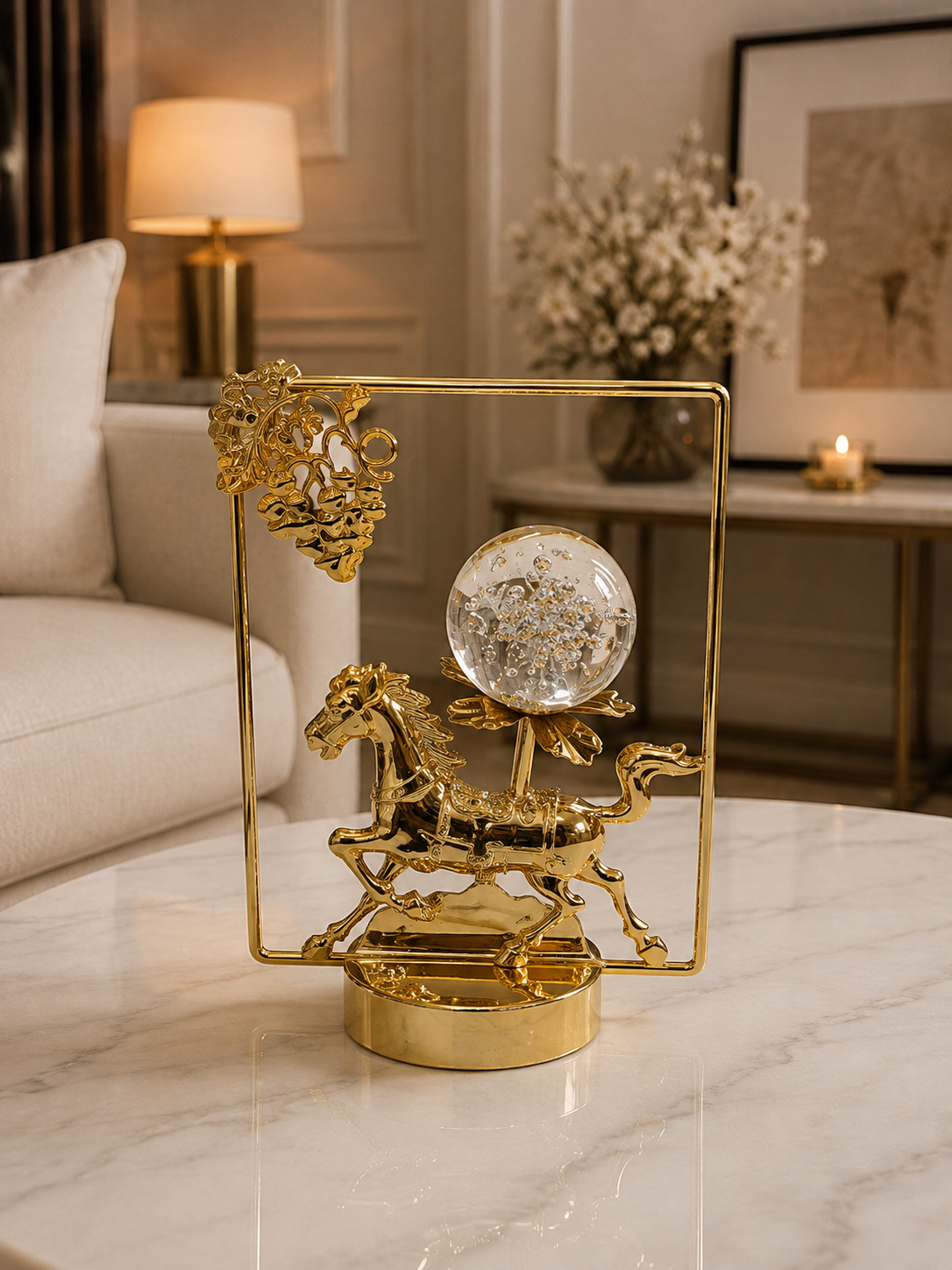 Golden Rectangular Prancing Horse Crystal Sphere Decor