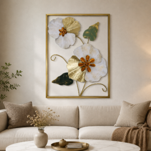 Golden Ivory Blossom Framed 3D Metal Wall Art