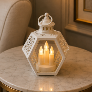 White Hexagonal Cutout Three-Candle LED Lantern