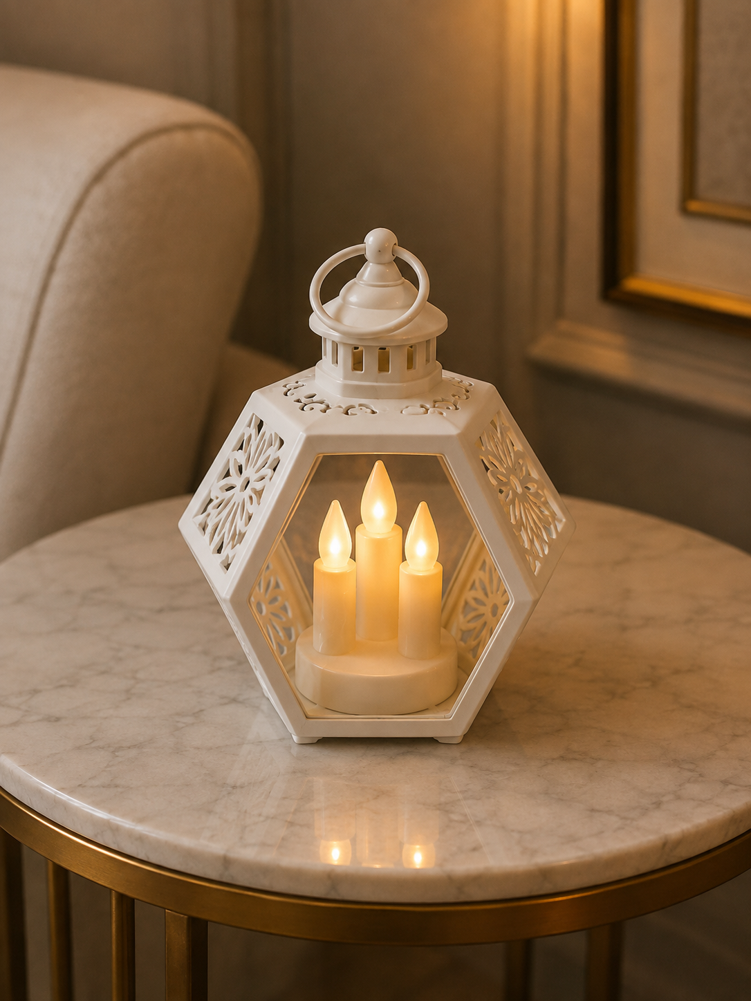 White Hexagonal Cutout Three-Candle LED Lantern