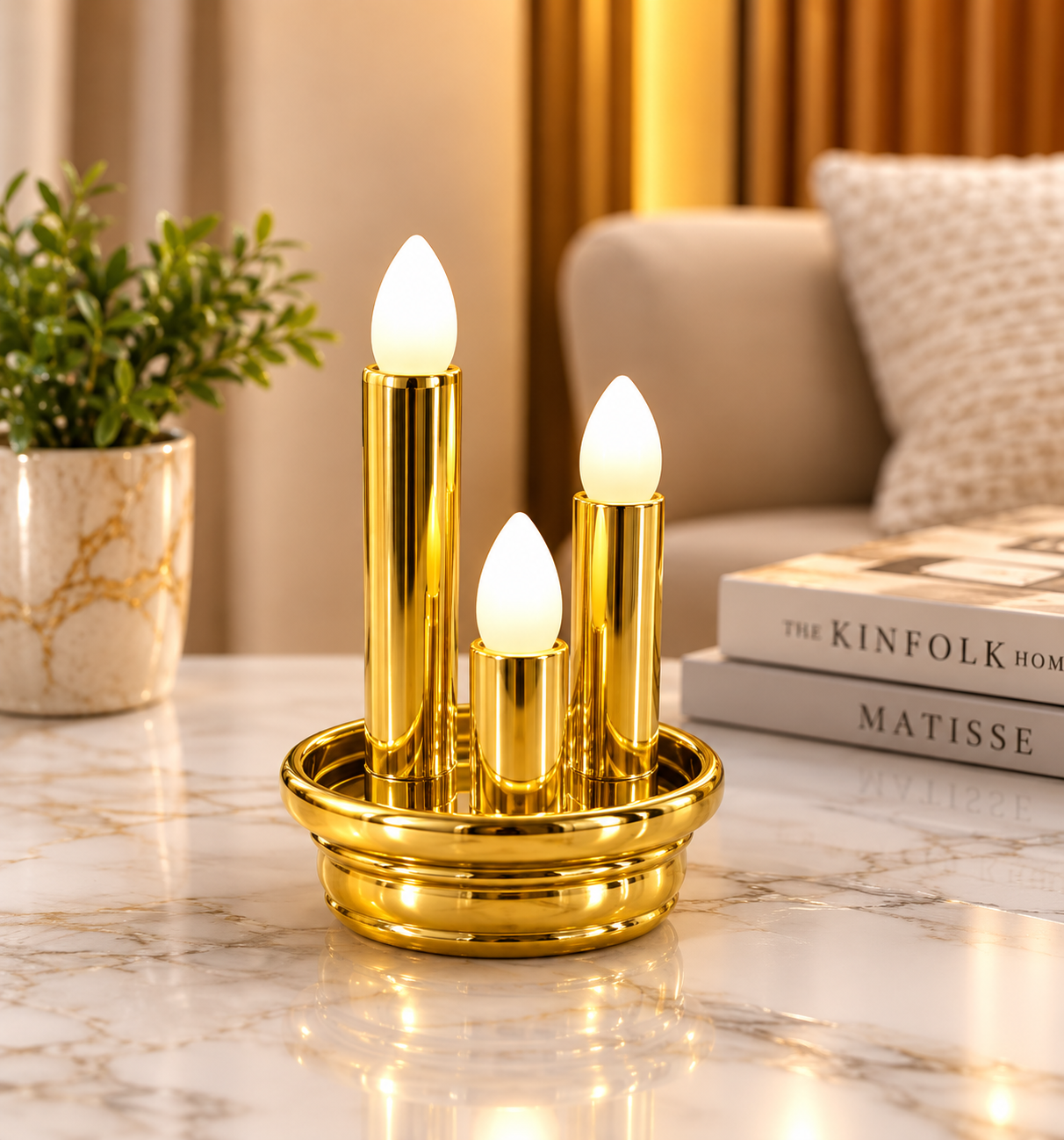 Polished Gold Triple LED Pillar Centerpiece