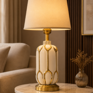 Golden-Trimmed Fluted White Ceramic Table Lamp