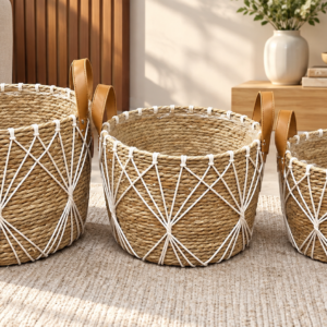 Set of 3 Woven Storage Baskets with Geometric White Cord and Leather Handles