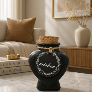 Matte Black Heart-Shaped "Wishes" Glass Jar Decor