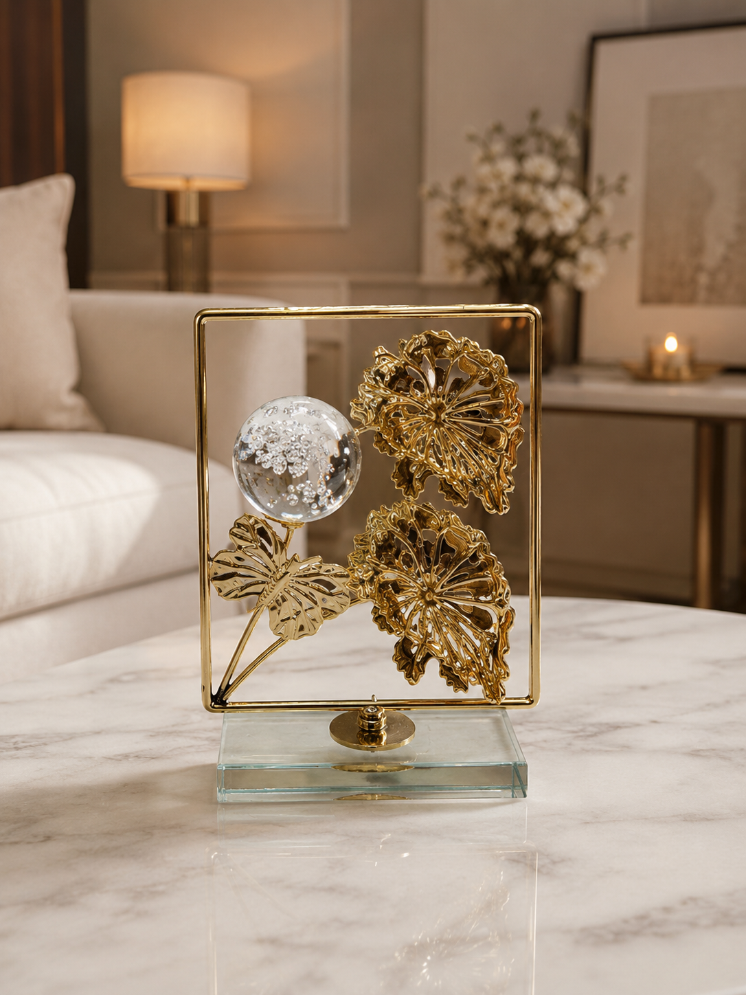 Golden Rectangular Lotus Leaf Crystal Sphere Decor