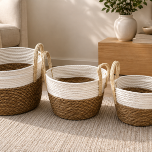 Set of 3 Two-Tone Woven Rope Storage Baskets