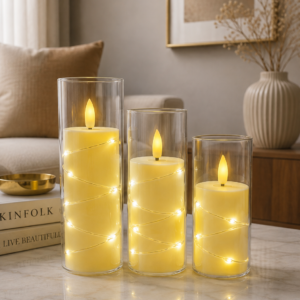 Glass Cylinder LED Pillar Candle Set with Fairy Lights